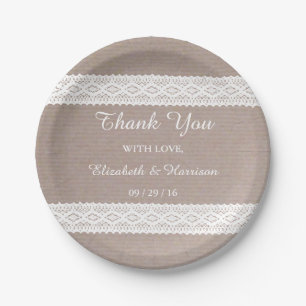 Rustic Kraft & Vintage White Lace Wedding Paper Plate