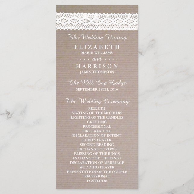 Rustic Kraft & Vintage White Lace Wedding Program Programme (Front)