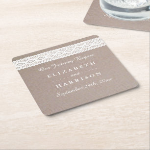 Rustic Kraft & Vintage White Lace Wedding Square Paper Coaster