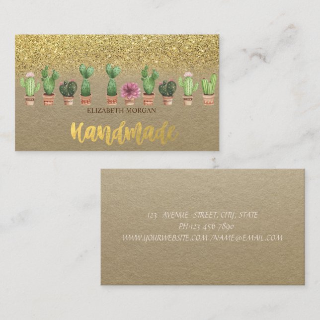 Rustic , Kraft, Watercolor Cactus Gold Glitter Business Card (Front/Back)