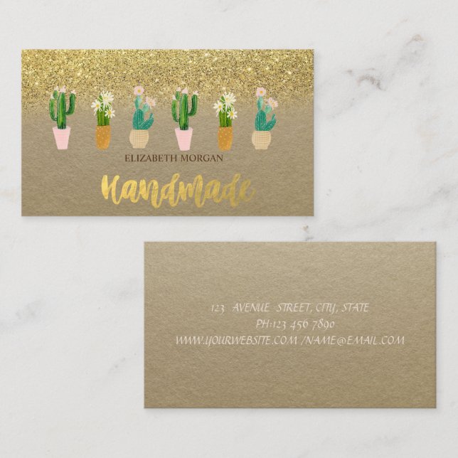 Rustic Kraft, Watercolor Cactus Plant Gold Glitter Business Card (Front/Back)