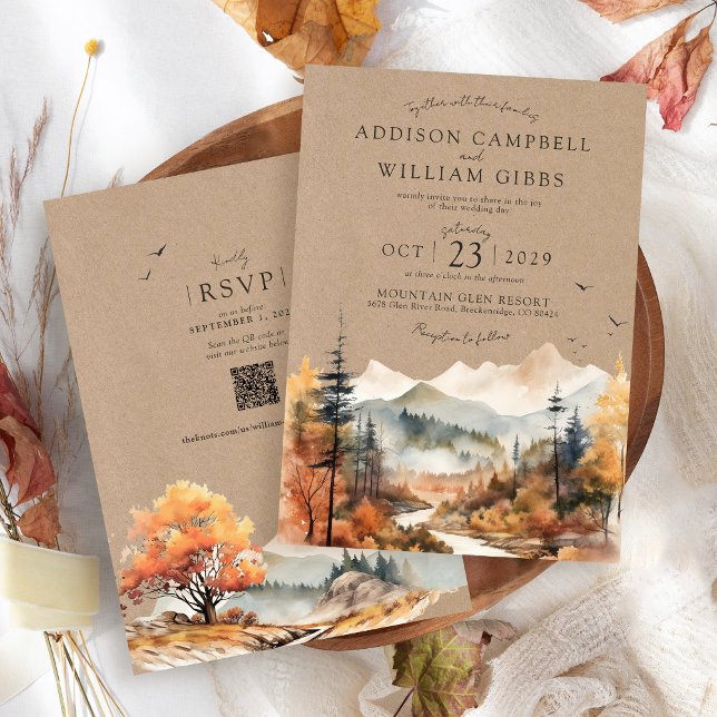 Rustic Kraft Watercolor Fall Tree Mountain Wedding Invitation (Rustic kraft elegant Fall Trees watercolor forest mountain landscape QR code wedding invitation)