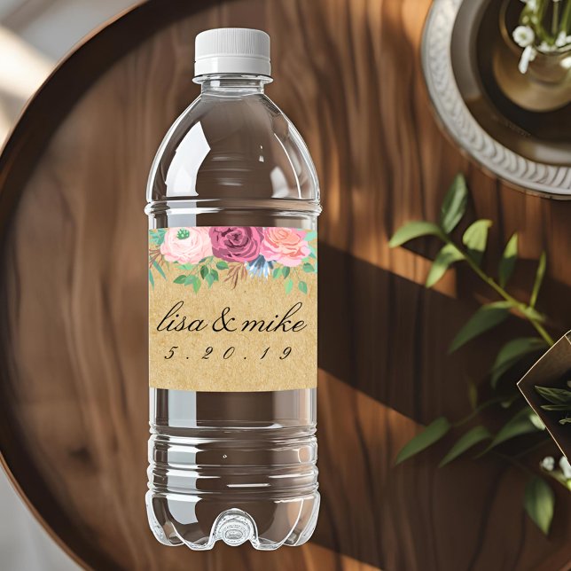 Rustic Kraft Watercolor Floral Wedding Water Bottle Label (Creator Uploaded)
