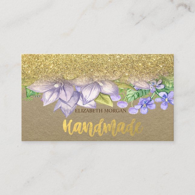 Rustic , Kraft, Watercolor Flowers, Glitter Business Card (Front)