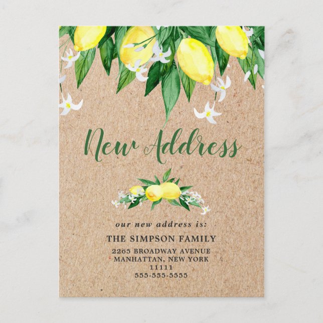 Rustic Kraft Watercolor Lemons Moving Announcement Postcard (Front)