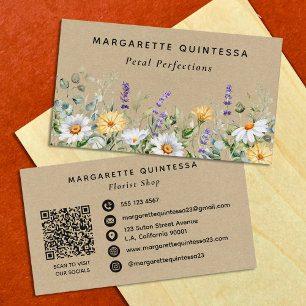 Rustic Kraft Watercolor Wildflower Florist Qr Code Business Card