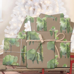 Rustic Kraft Watercolor Woodland Tree Scenes Gift Wrapping Paper Sheet