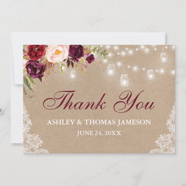 Rustic Kraft Wedding Floral Jar Lights Lace Thank You Card (Front)