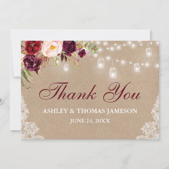 Rustic Kraft Wedding Floral Jar Lights Lace Thank You Card | Zazzle