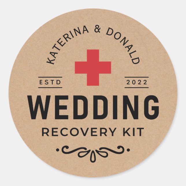 Rustic Kraft Wedding Hangover Recovery Kit  Classi Classic Round Sticker (Front)