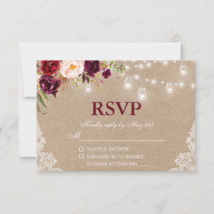 Rustic Kraft Wedding Jar Lights Lace Floral RSVP Card