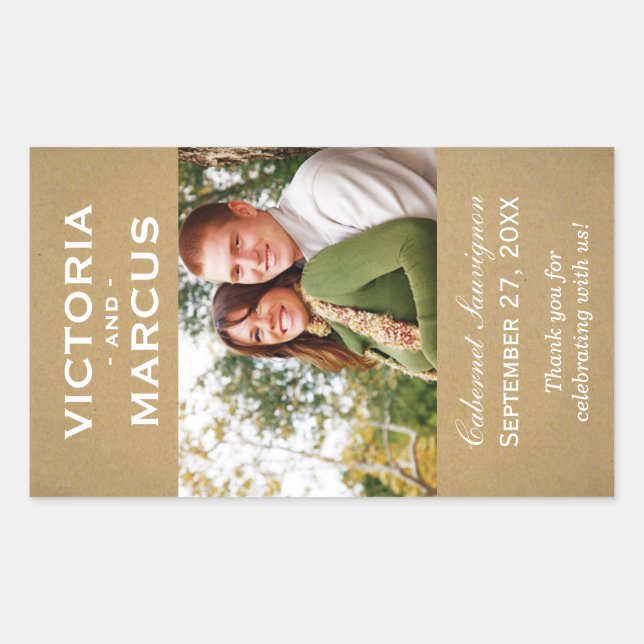 Rustic Kraft Wedding Monogram Photo Wine Favour Rectangular Sticker (Front)