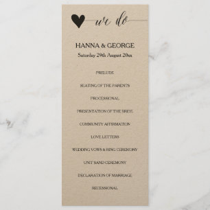 Rustic kraft wedding program heart calligraphy programme