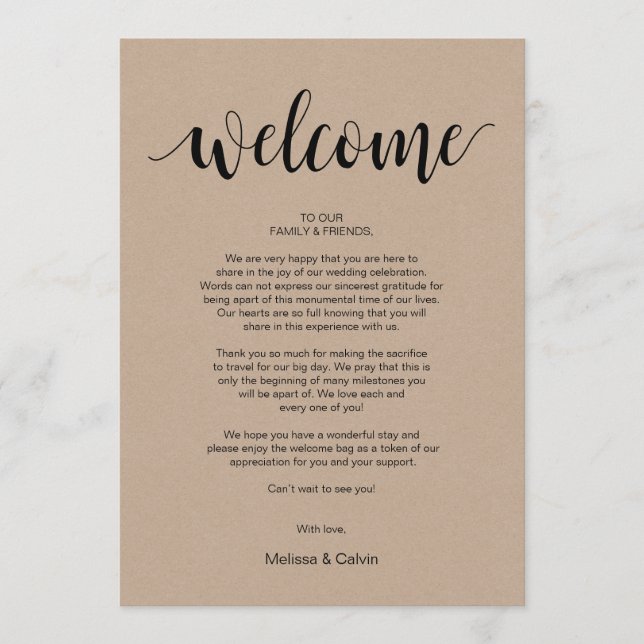 Rustic Kraft Wedding Welcome and Itinerary Card (Front)
