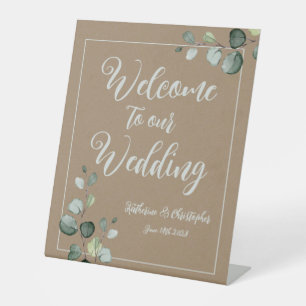 Rustic Kraft Welcome To Our Wedding Eucalyptus Pedestal Sign