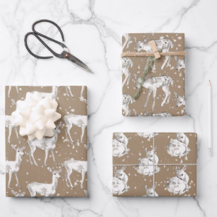 Rustic Kraft White Baby Doe Reindeers Snowflakes Wrapping Paper Sheet