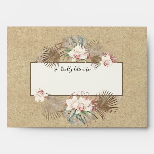 Rustic Kraft White Floral Orchid Monstera Foliage Envelope (Front)
