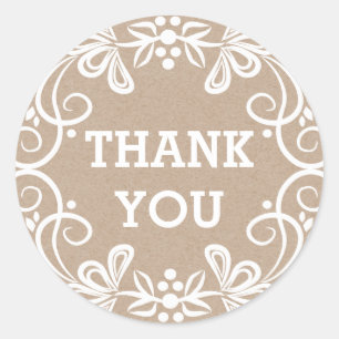 Rustic Kraft White Floral  Thank You Classic Round Sticker
