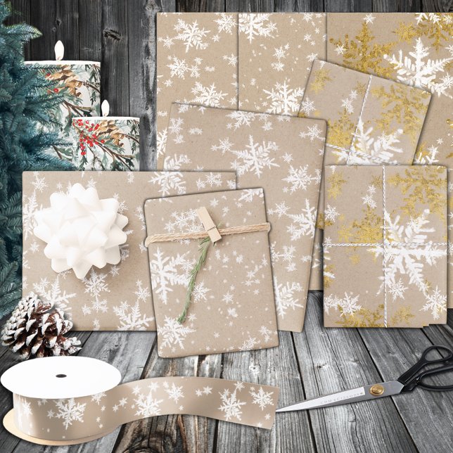 Rustic Kraft White & Gold Snowflakes Wrapping Paper Sheet (Rustic Kraft White & Gold Snowflakes Wrapping Paper Sheets)