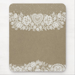 Rustic Kraft & White Lace Lacy Farmhouse Chic Mouse Mat