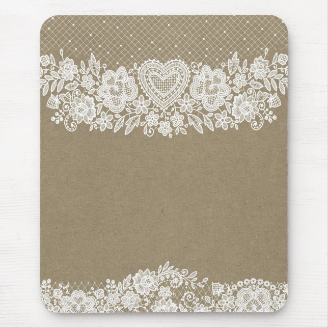 Rustic Kraft & White Lace Lacy Farmhouse Chic Mouse Mat (Front)