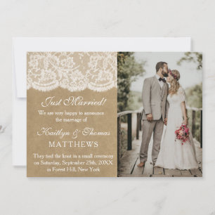 Rustic Kraft & White Lace Wedding Photo Marriage Announcement