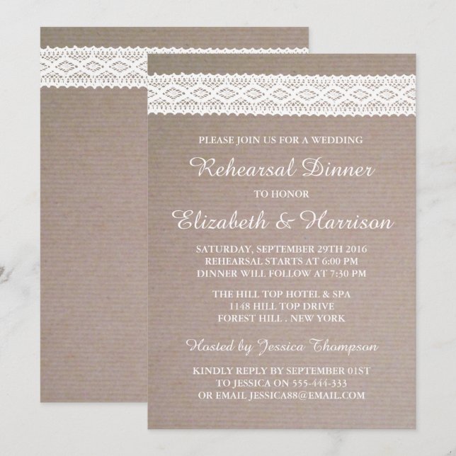 Rustic Kraft, White Lace Wedding Rehearsal Dinner Invitation (Front/Back)