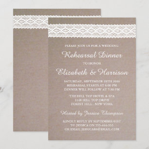 Rustic Kraft, White Lace Wedding Rehearsal Dinner Invitation