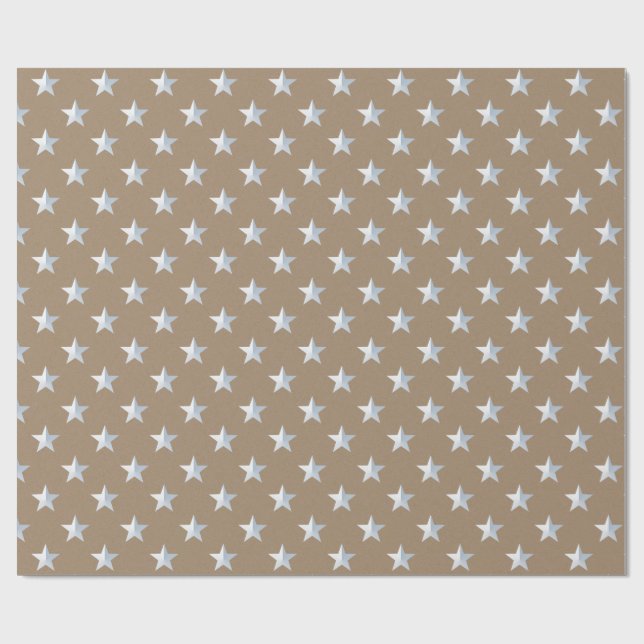 Rustic Kraft White Silver Stars Holiday Wrapping Paper (Flat)