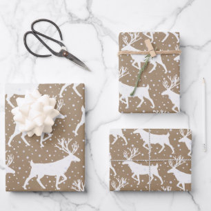 Rustic Kraft White Stag Reindeer Snowfall Wrapping Paper Sheet