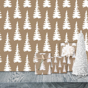 Rustic Kraft White Woodland Christmas Spruce Trees Wrapping Paper Sheet