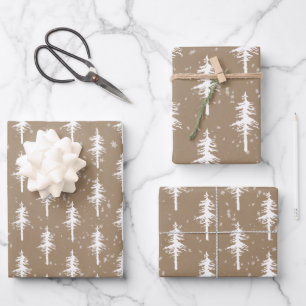 Rustic Kraft White Woodland Sparse Spruce Trees Wrapping Paper Sheet