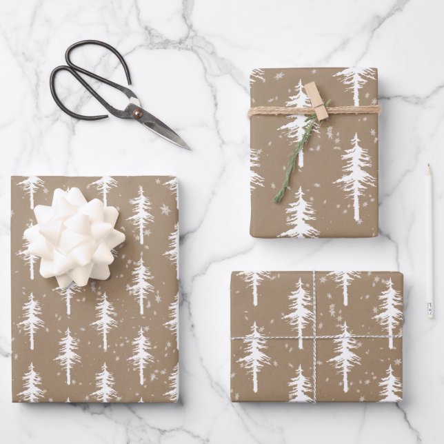 Rustic Kraft White Woodland Sparse Spruce Trees Wrapping Paper Sheet (Front)