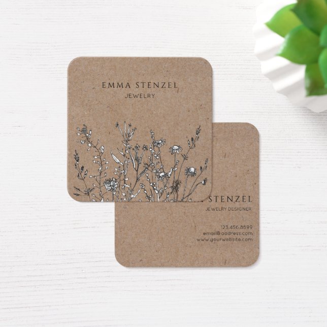 Rustic Kraft Wildflowers Floral Square Biz Card (Desk)