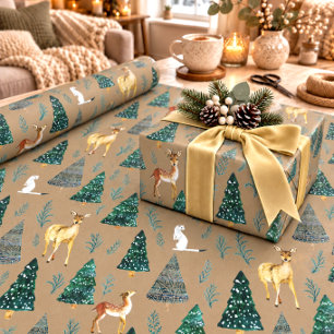 Rustic Kraft Winter Animals Green Spruce Trees Wrapping Paper
