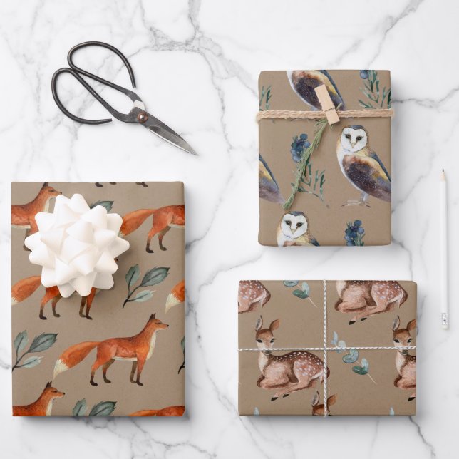 Rustic Kraft Winter Animals Red Fox Owl Baby Doe Wrapping Paper Sheet (Front)