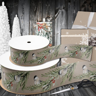Rustic Kraft Winter Chickadees On Spruce Branch Grosgrain Ribbon
