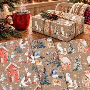 Rustic Kraft Winter Holiday Gift-Giving Animals Wrapping Paper Sheet