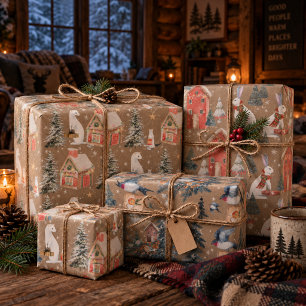 Rustic Kraft Winter Holiday Gift-Giving Animals Wrapping Paper Sheet