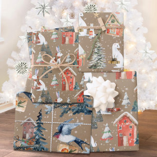 Rustic Kraft Winter Holiday Gift-Giving Animals Wrapping Paper Sheet
