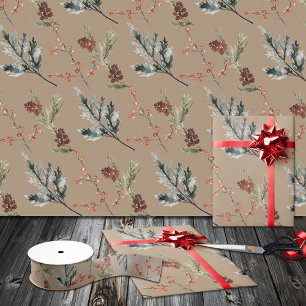Rustic Kraft Winter Spruce Cones & Berries Matte Wrapping Paper