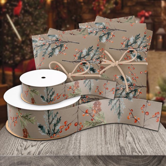 Rustic Kraft Winter Spruce Pine Cones Red Berries Grosgrain Ribbon (Rustic Kraft Winter Spruce Pine Cones Red Berries Grosgrain Wrapping Ribbon in 1 .5 & 3 inch widths )