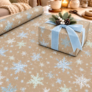 Rustic Kraft Winter Spruce Silver Blue Snowflakes Wrapping Paper