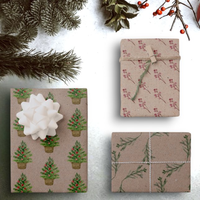Rustic Kraft Winter Watercolor Botanical Christmas Wrapping Paper Sheet (Creator Uploaded)