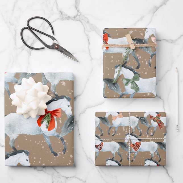 Rustic Kraft Winter White Holiday Horses  Wrapping Paper Sheet (Front)