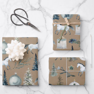 Rustic Kraft Winter White Horse & Blue Spruce Wrap Wrapping Paper Sheet