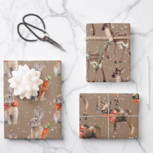 Rustic Kraft Winter Woodland Baby Hare Deer Moose Wrapping Paper Sheet