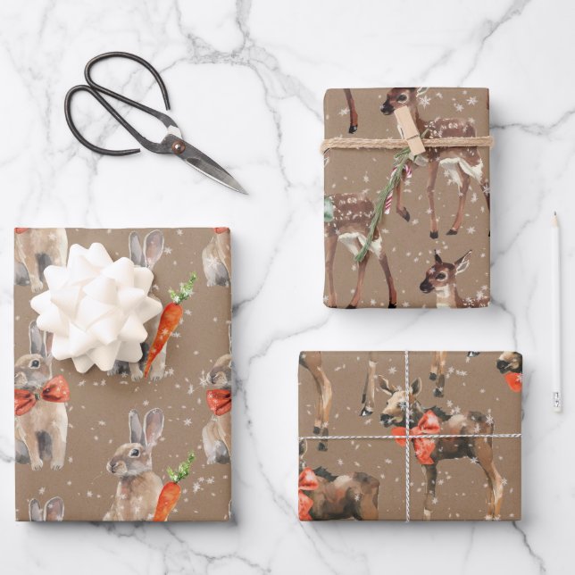 Rustic Kraft Winter Woodland Baby Hare Deer Moose Wrapping Paper Sheet (Front)