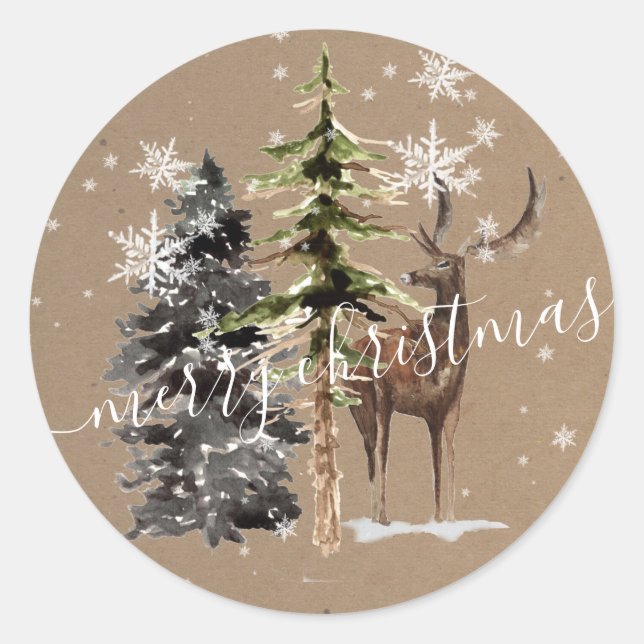 Rustic Kraft Winter Woodland Merry Christmas Classic Round Sticker (Front)