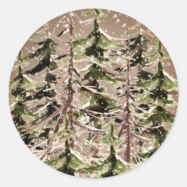 Rustic Kraft Winter Woodland Scraggly Spruce Snow Classic Round Sticker (Front)